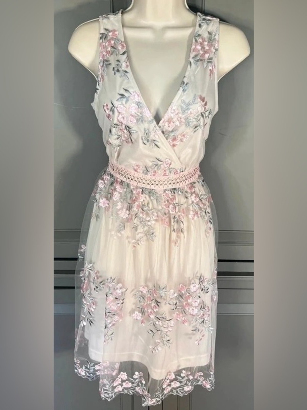 Ivory Maxi Dress with Pink Floral Embroidery